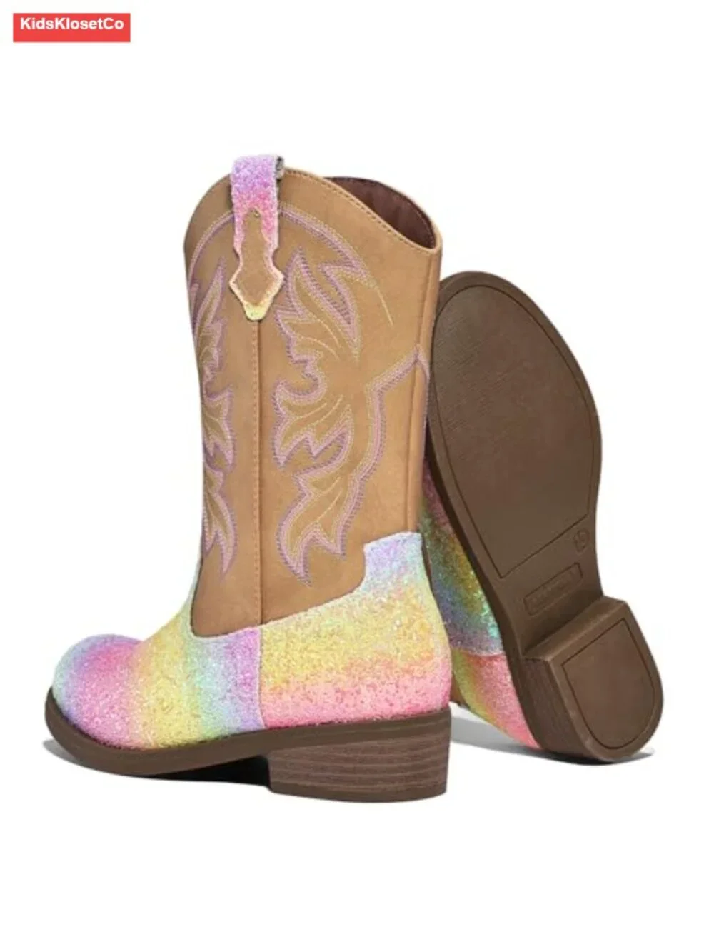 Girls Glitter Cowboy Boots Round Toe Mid Calf Block Heel Zipper